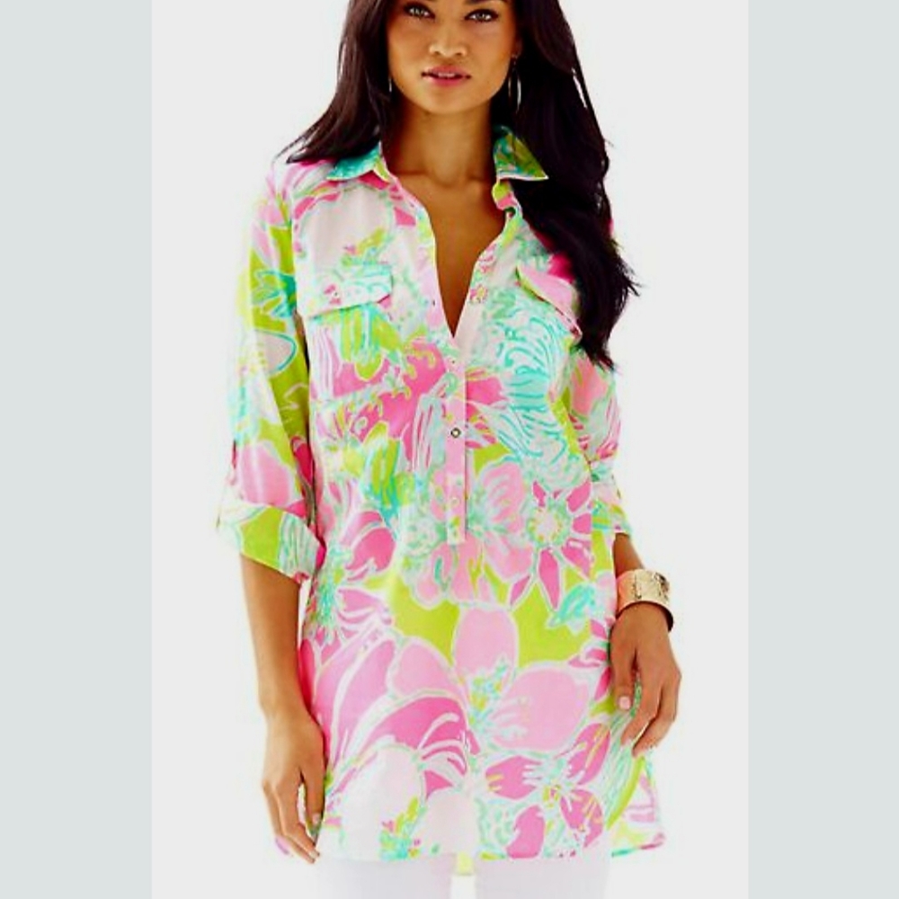 Lilly Pulitzer Captiva Tunic Flamingo Pin Dont Give a Cluck
